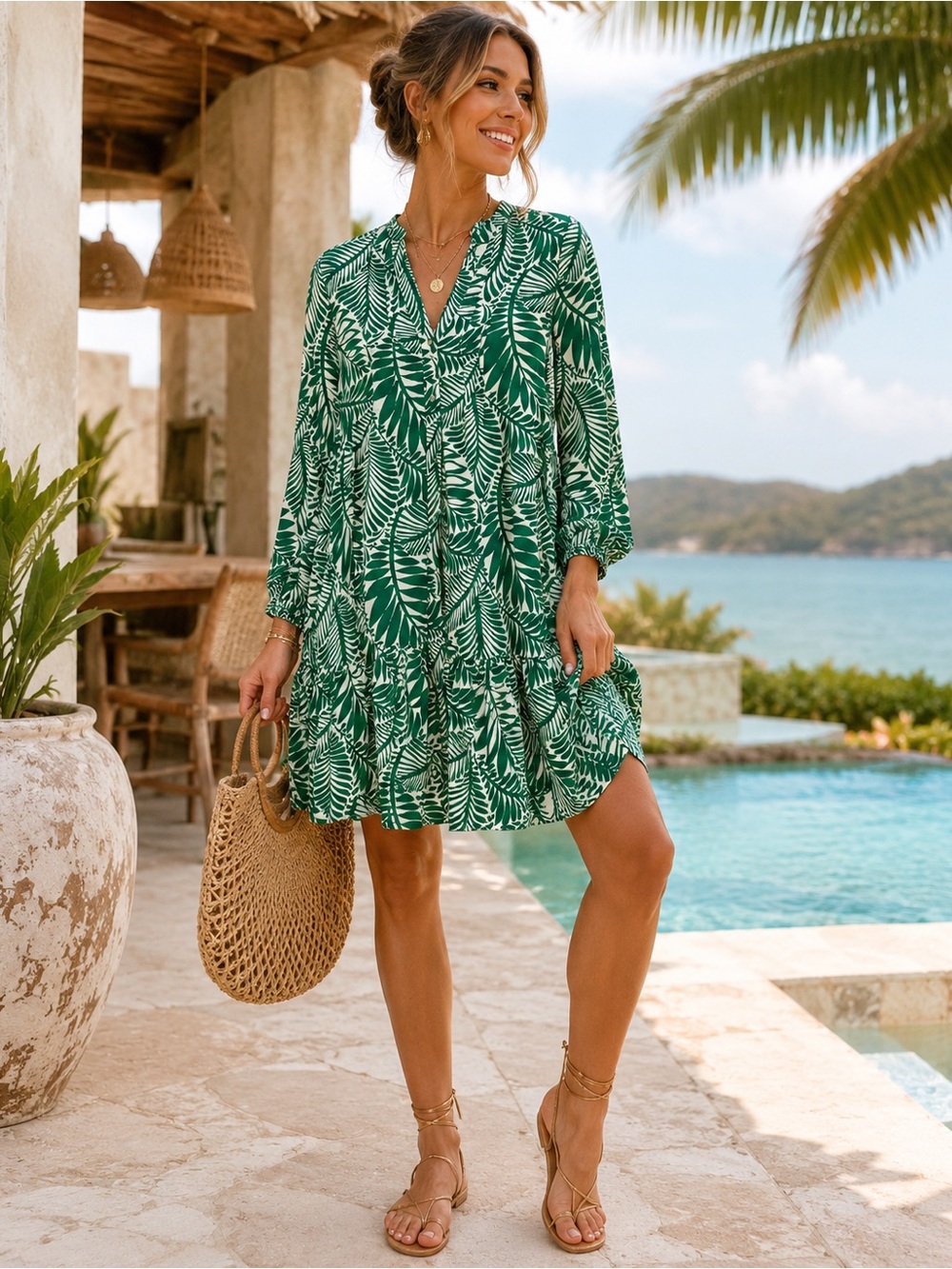 NWOT Ruby & Remi Tropical Palm Green Printed Mini Dress Size M